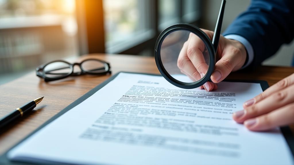 Un avvocato che analizza attentamente un contratto con una lente d'ingrandimento